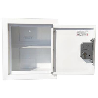 QED controlled drugs cabinet with door open.