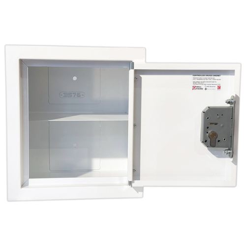 Controlled drug cabinet with door open.