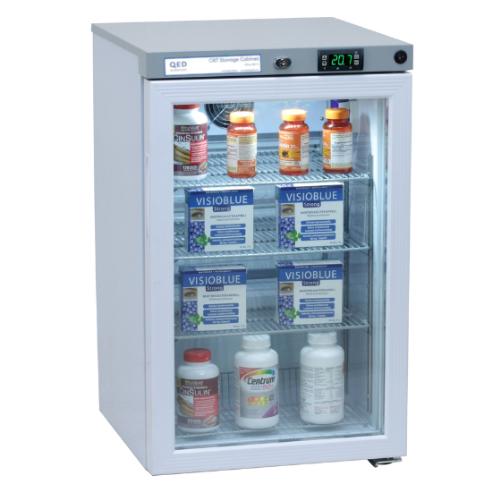 QED 60-litre CRT Cabinet with glass door and medication inside.