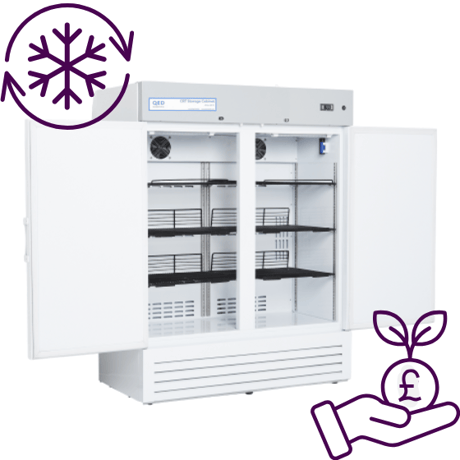 QED 500-litre CRT cabinet with solid, open doors and refrigeration and economical icons.