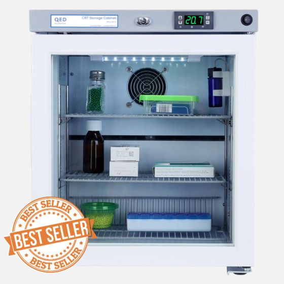 QED 30-litre CRT cabinet with glass door, medication inside and 'BEST SELLER' badge.
