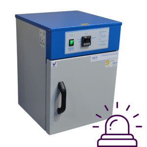 Contrast media warmer with door shut and alarm symbol.