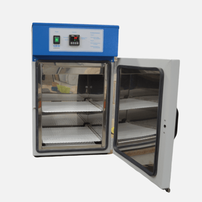 Contrast media warmer with door open and two shelves inside.