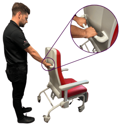 Man pushing Kangaroo Recliner, with close-up of push handle. Man pushing Kangaroo Recliner, with close-up of push handle.