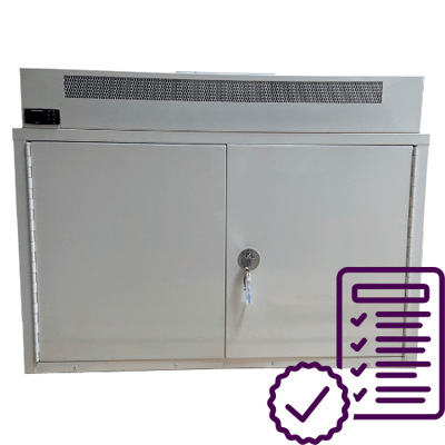 QED wall-mounted medicine CRT cabinet with legislation icon.
