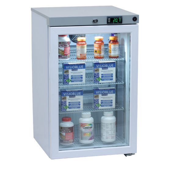 QED 60-litre CRT Cabinet with glass door and medication inside.