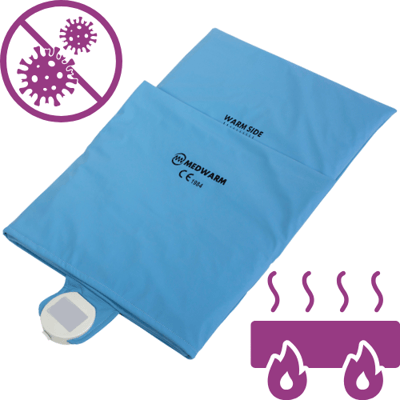Medwarm patient warming blanket with infection control and conductive warming symbols.
