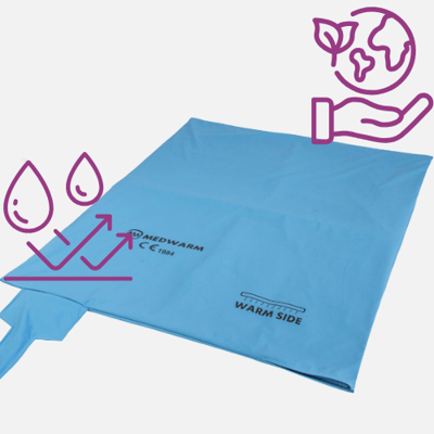 Medwarm patient warming blanket with waterproof and sustainability symbols. Medwarm patient warming blanket with waterproof and sustainability symbols.