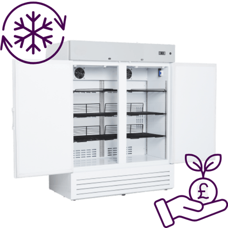 QED 500-litre CRT cabinet with solid, open doors and refrigeration and economical icons