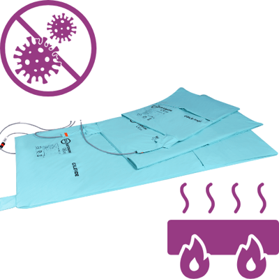 Three safewarm warming blankets on top of each other with infection control and conductive heating symbols. Three safewarm warming blankets on top of each other with infection control and conductive heating symbols.