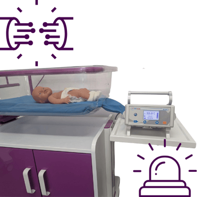 Baby doll on a Medwarm Neo Mattress in a Croyde storage cot, with control unit stood on shelf, then a carbon fibre icon and an alarm icon. Baby doll on a Medwarm Neo Mattress in a Croyde storage cot, with control unit stood on shelf, then a carbon fibre icon and an alarm icon.