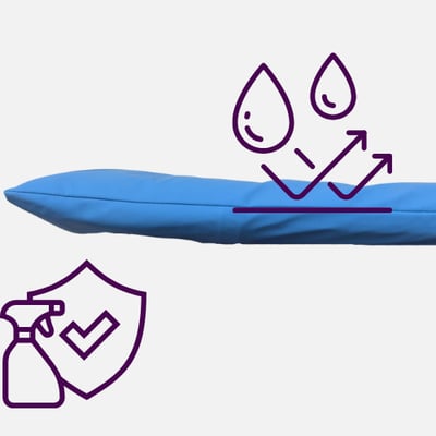Side view of Medwarm Neo mattress showing ultrasonic sealing, with waterproof and disinfection icons. Side view of Medwarm Neo mattress showing ultrasonic sealing, with waterproof and disinfection icons.