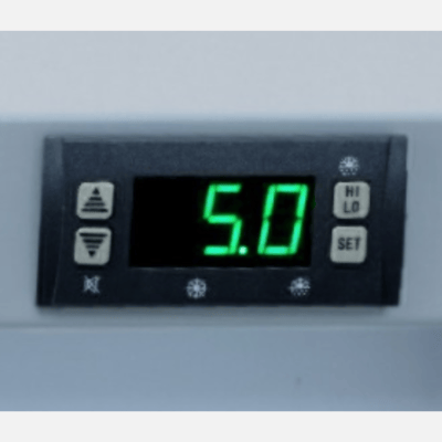 Digital temperature display reading '5.0'. Digital temperature display reading '5.0'.