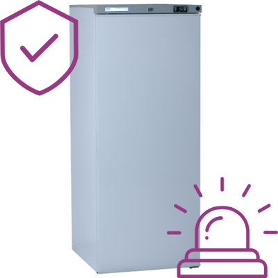 Solid door pharmacy fridge with security and alarm symbols. Solid door pharmacy fridge with security and alarm symbols.