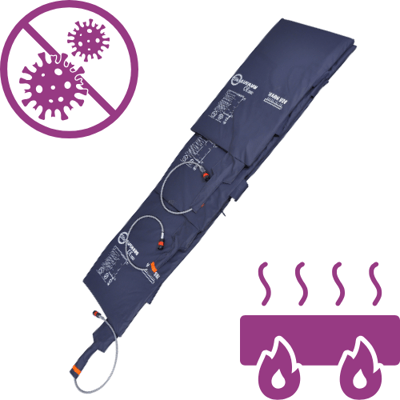 Three Safewarm mattresses on top of each other with infection control and conductive heating symbols. Three Safewarm mattresses on top of each other with infection control and conductive heating symbols.