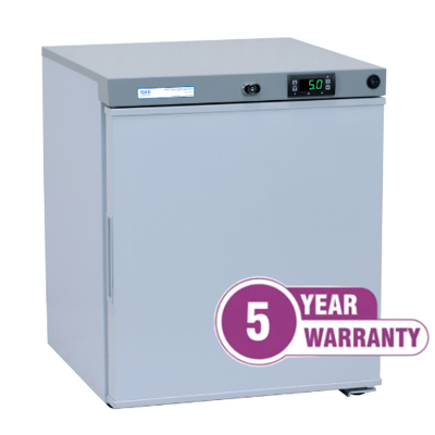 Solid door pharmacy refrigerator with '5 Year Warranty' symbol. Solid door pharmacy refrigerator with '5 Year Warranty' symbol.