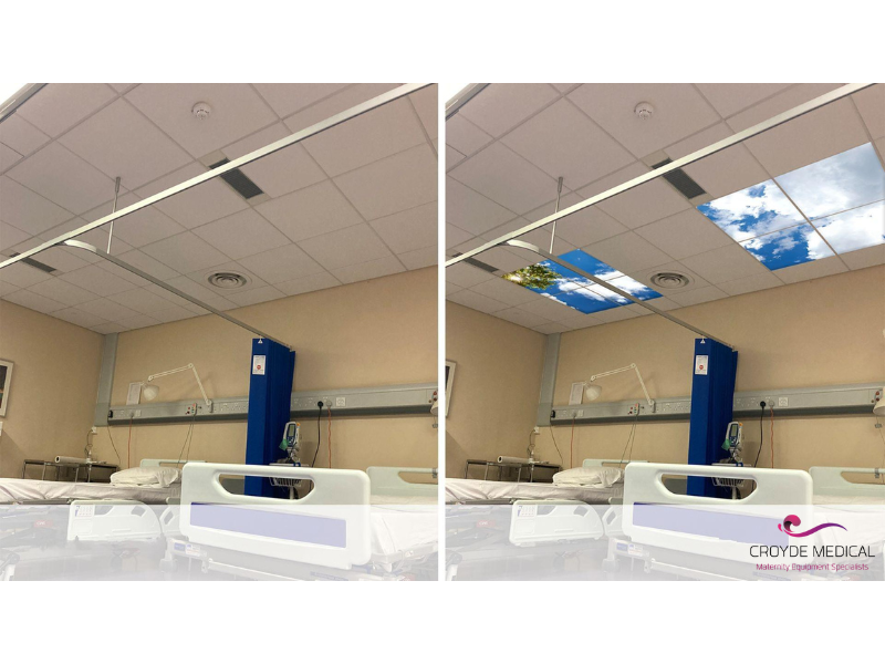Before and after example of led sky ceiling visual render service.